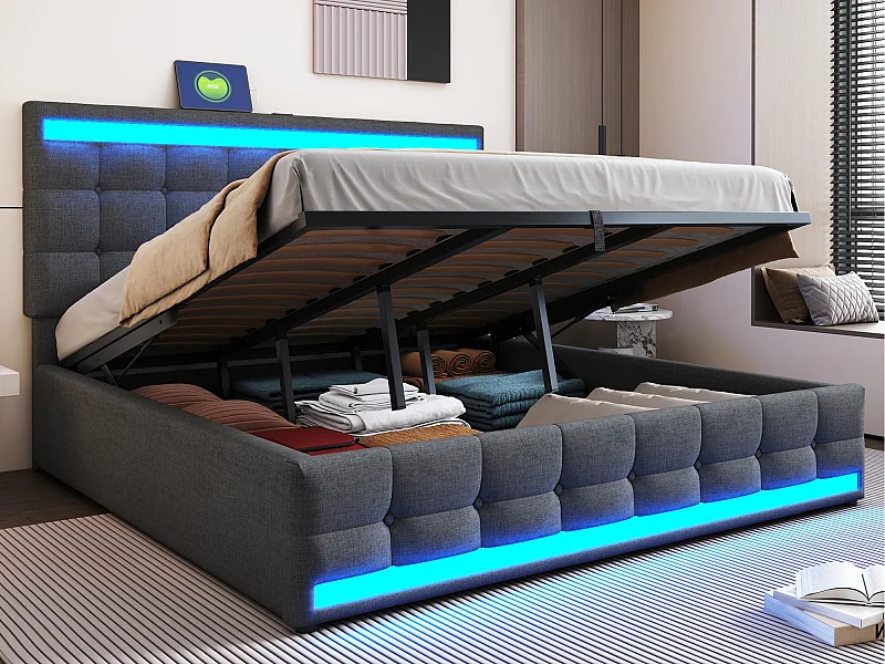 Letto contenitore imbottito 180x200cm - Con porta USB - Con striscia luminosa a LED - Lino - Grigio (senza materasso)