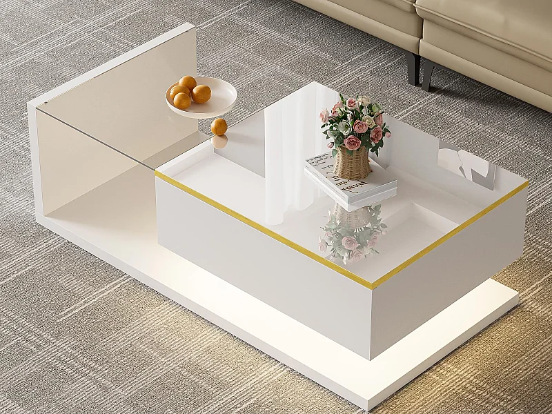 Table basse moderne - Verre - Éclairage LED - Rangement - Blanc