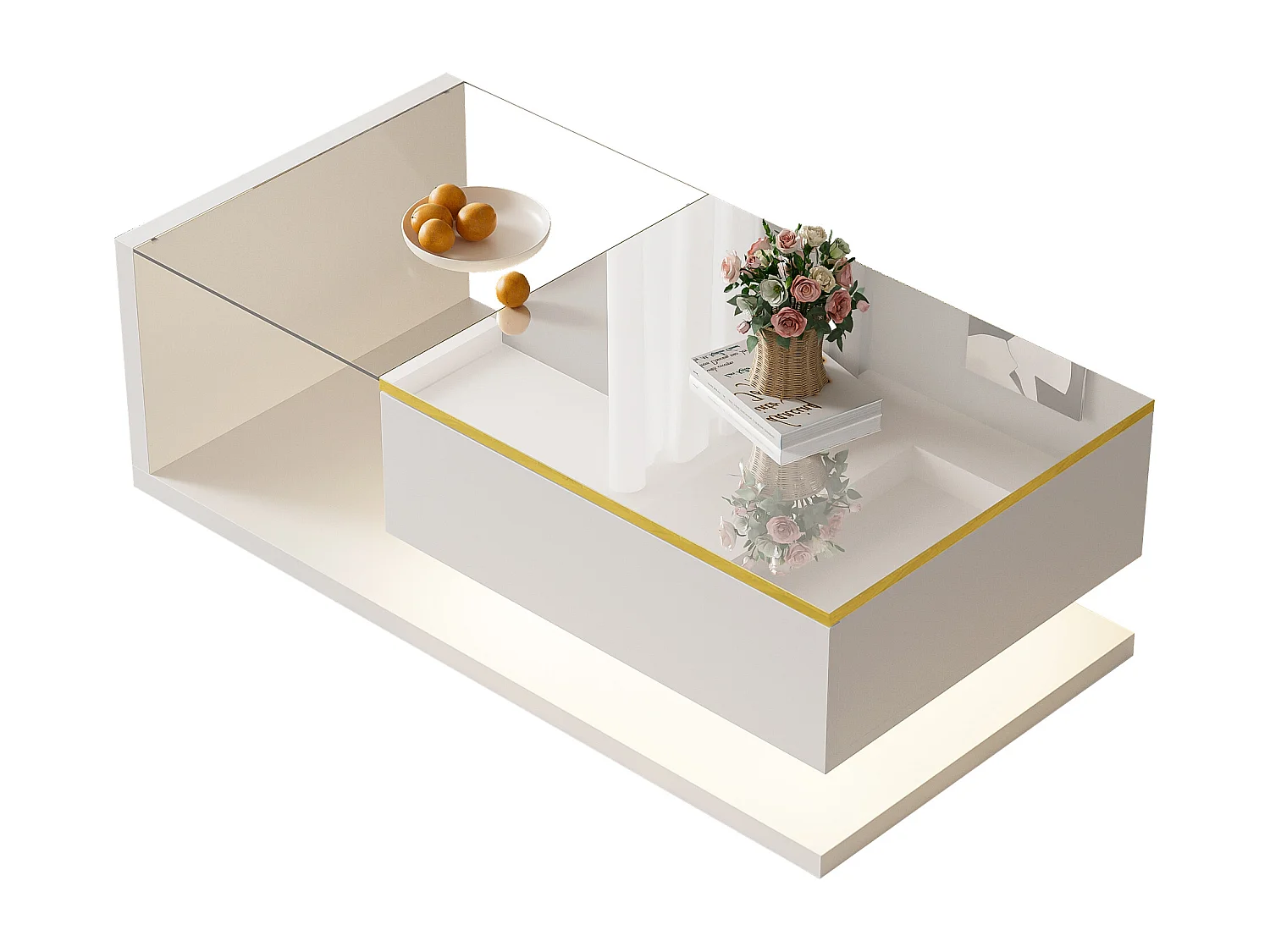 Table basse moderne - Verre - Éclairage LED - Rangement - Blanc