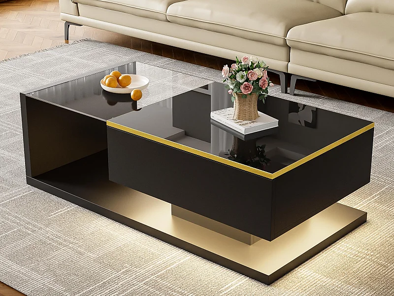 Mesa de centro moderna - Vidro - Iluminação LED - Armazenamento - Preto