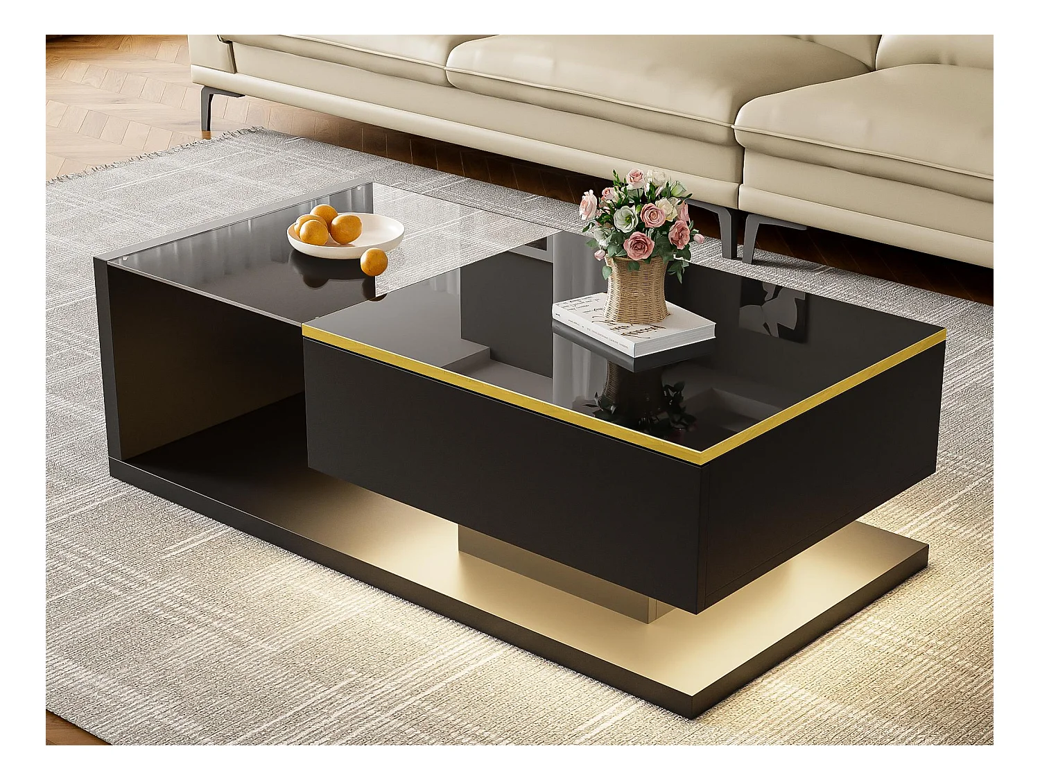 Mesa de centro moderna - Vidro - Iluminação LED - Armazenamento - Preto