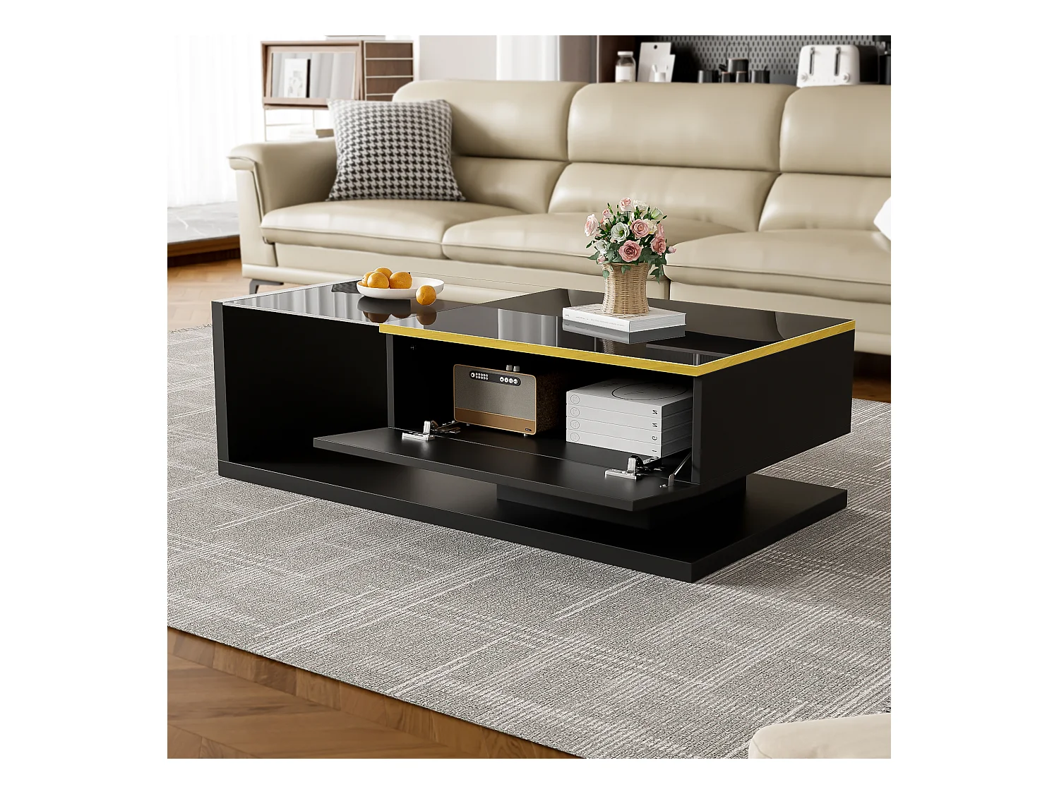 Mesa de centro moderna - Vidro - Iluminação LED - Armazenamento - Preto