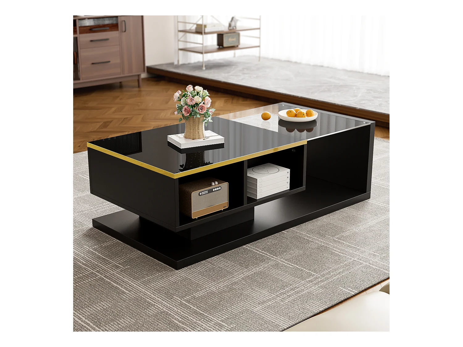 Mesa de centro moderna - Vidro - Iluminação LED - Armazenamento - Preto