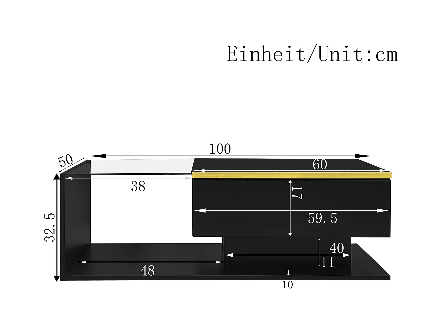Mesa de centro moderna - Vidro - Iluminação LED - Armazenamento - Preto