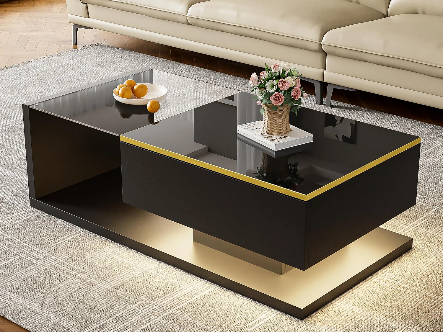 Moderner Couchtisch – Glas – LED-Beleuchtung – Stauraum – Schwarz