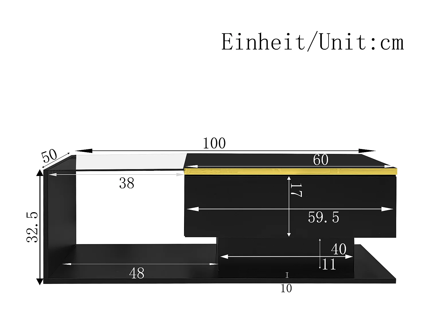 Moderner Couchtisch – Glas – LED-Beleuchtung – Stauraum – Schwarz