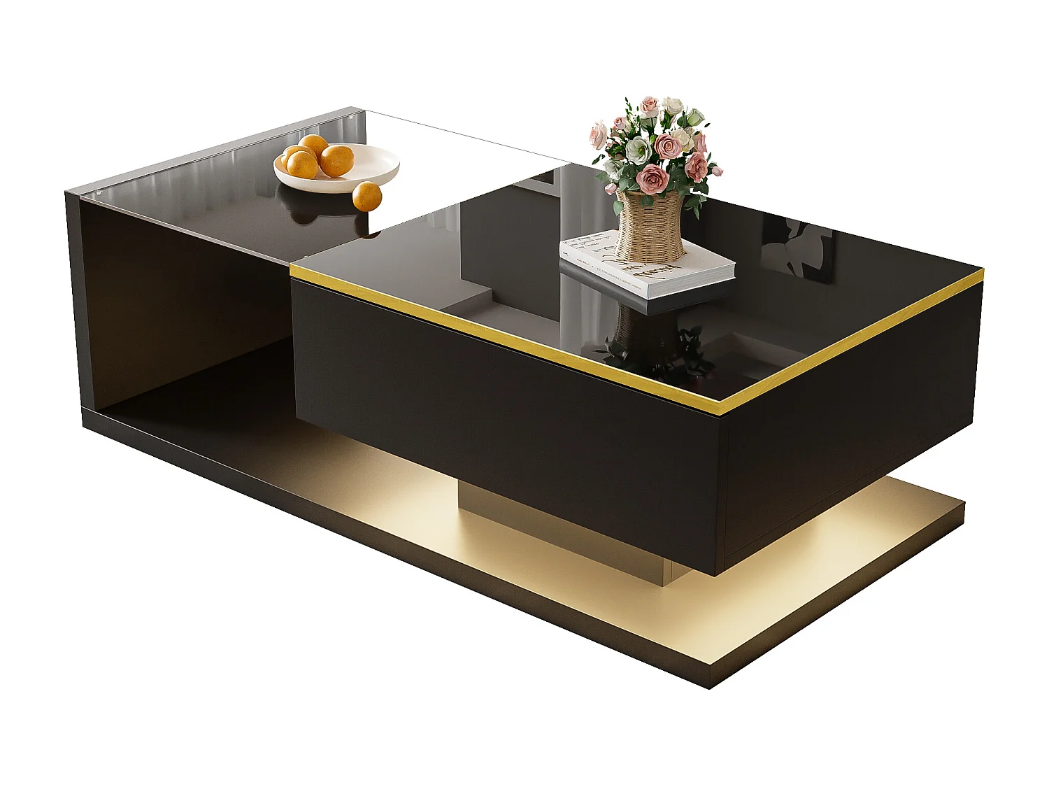 Moderner Couchtisch – Glas – LED-Beleuchtung – Stauraum – Schwarz