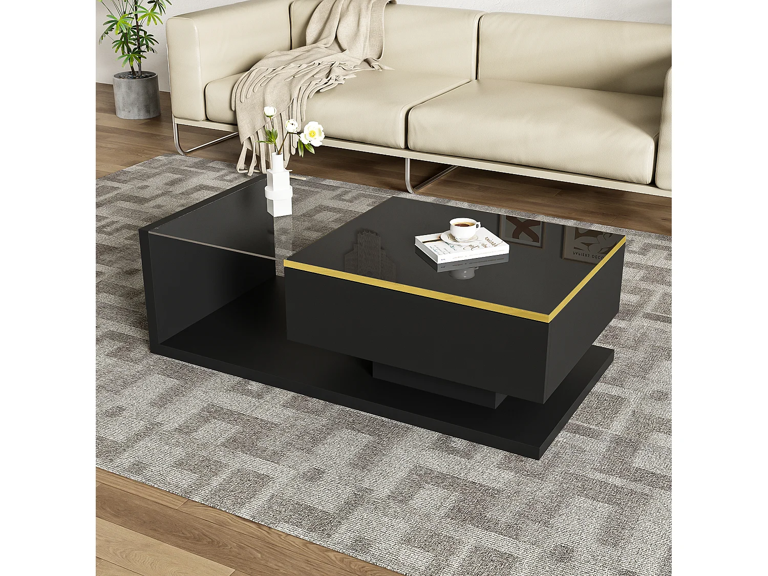 Moderner Couchtisch – Glas – LED-Beleuchtung – Stauraum – Schwarz