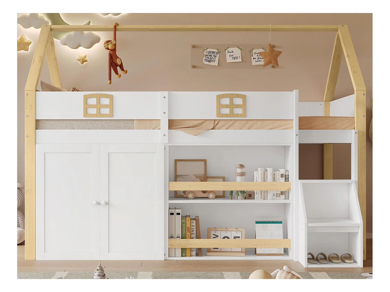 Lit mezzanine 90x200cm - avec étagères ouvertes et armoire - avec garde-corps - Échelle de rangement à deux marches - Blanc + Naturel