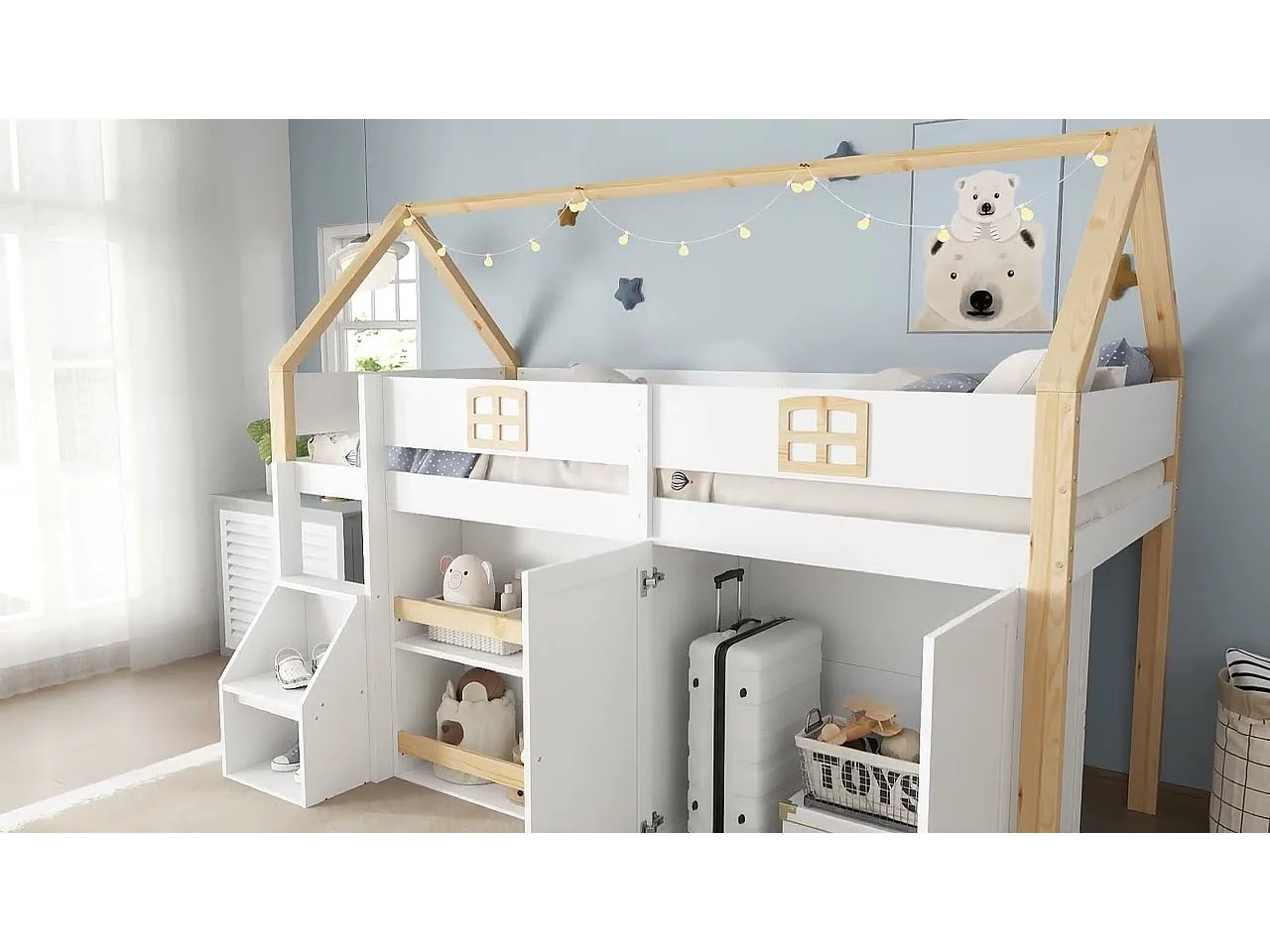 Hochbett 90x200 cm - mit offenen Regalen und Schrank - mit Schutzgeländer - 2-stufige Aufstiegsleiter mit Stauraum - weiß + natur