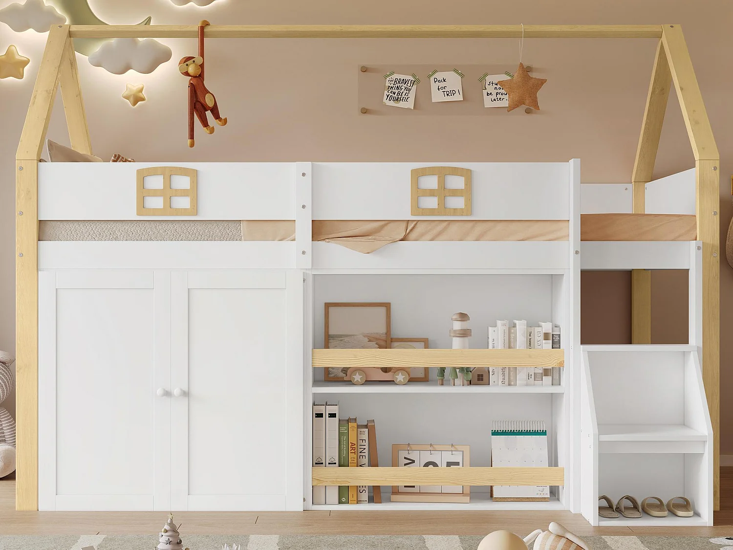 Hochbett 90x200 cm - mit offenen Regalen und Schrank - mit Schutzgeländer - 2-stufige Aufstiegsleiter mit Stauraum - weiß + natur