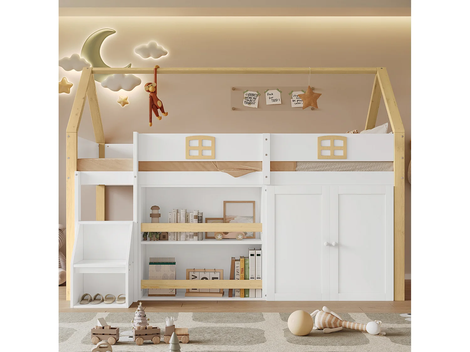 Hochbett 90x200 cm - mit offenen Regalen und Schrank - mit Schutzgeländer - 2-stufige Aufstiegsleiter mit Stauraum - weiß + natur