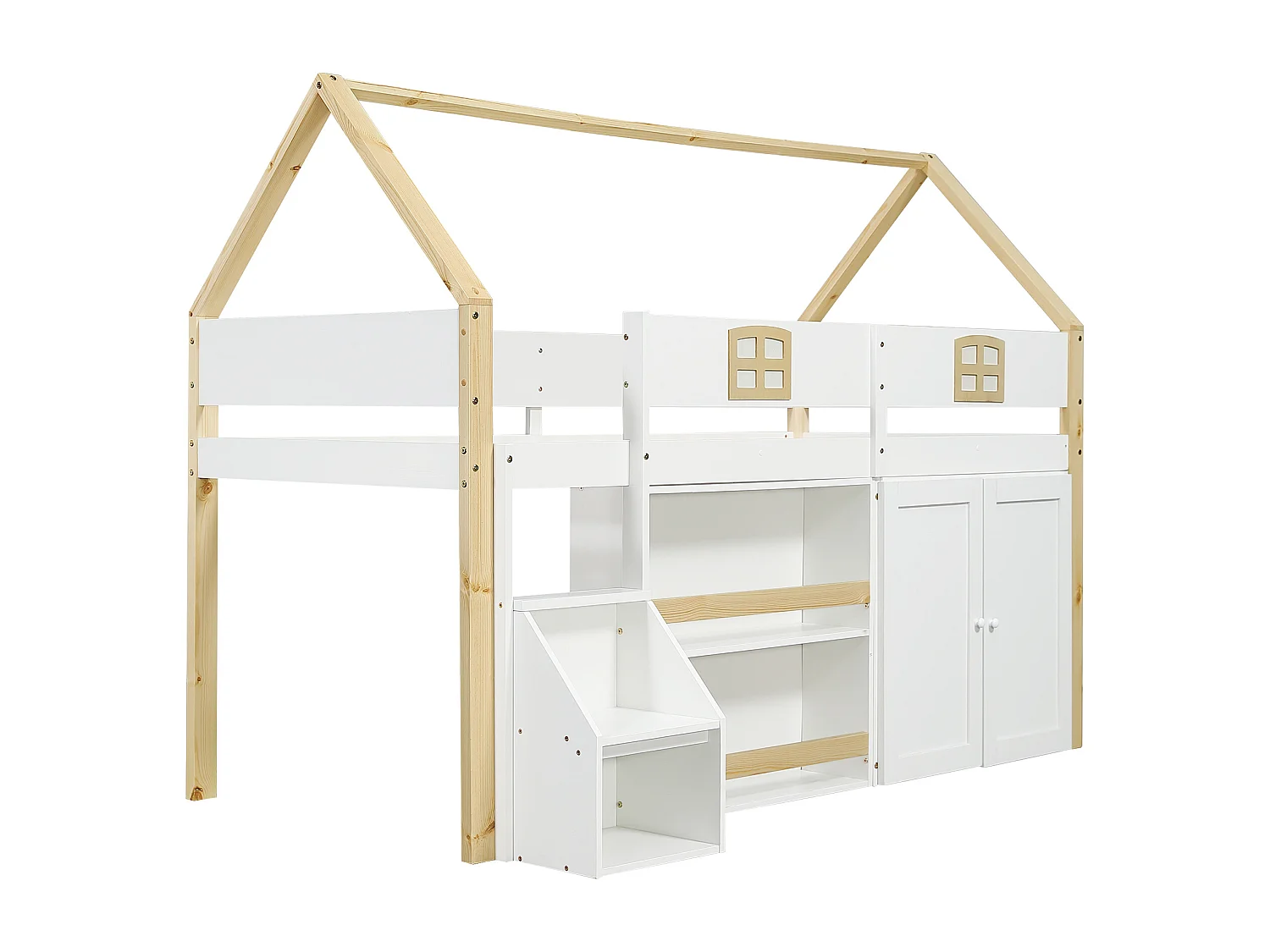 Hochbett 90x200 cm - mit offenen Regalen und Schrank - mit Schutzgeländer - 2-stufige Aufstiegsleiter mit Stauraum - weiß + natur