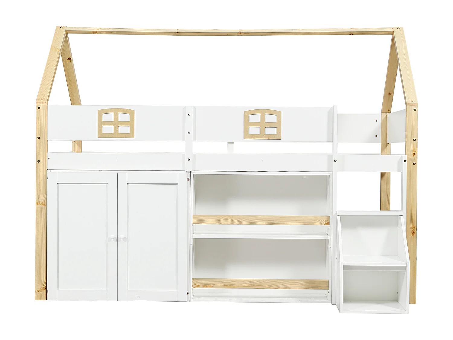 Hochbett 90x200 cm - mit offenen Regalen und Schrank - mit Schutzgeländer - 2-stufige Aufstiegsleiter mit Stauraum - weiß + natur