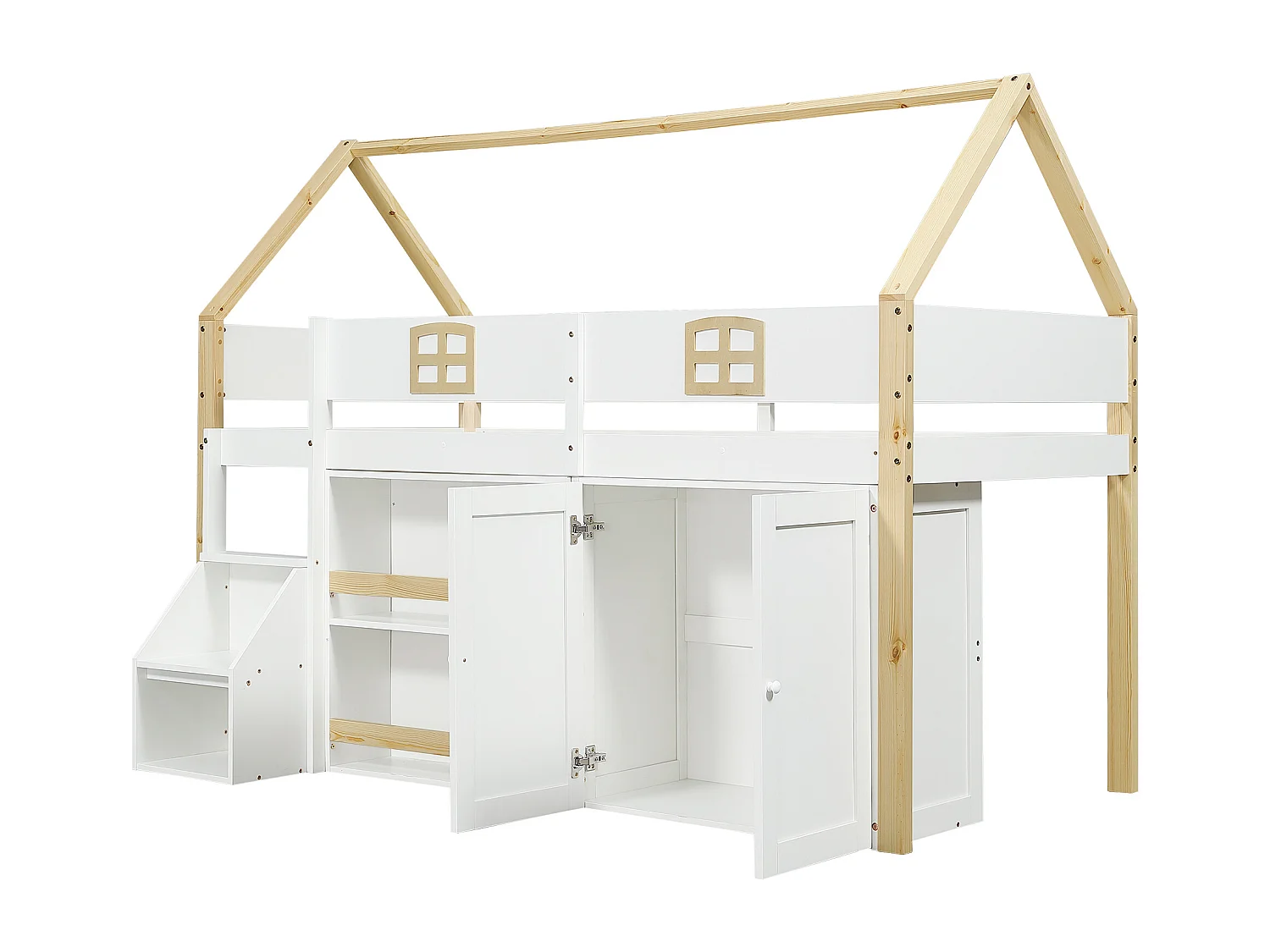 Hochbett 90x200 cm - mit offenen Regalen und Schrank - mit Schutzgeländer - 2-stufige Aufstiegsleiter mit Stauraum - weiß + natur