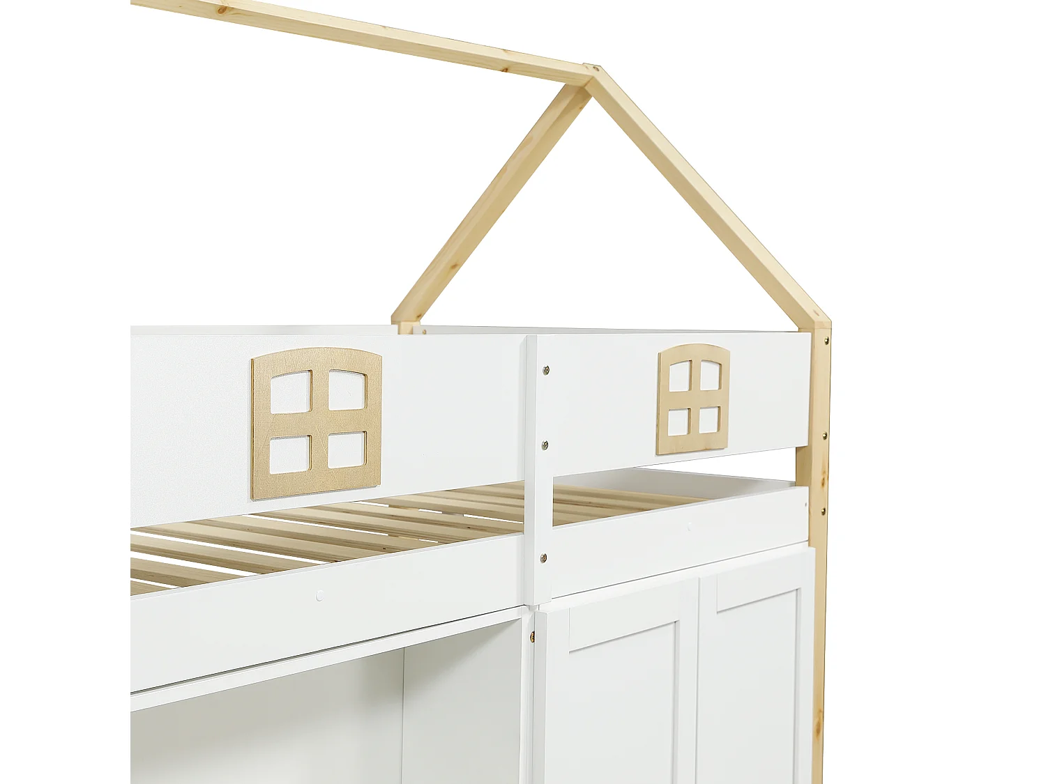 Hochbett 90x200 cm - mit offenen Regalen und Schrank - mit Schutzgeländer - 2-stufige Aufstiegsleiter mit Stauraum - weiß + natur