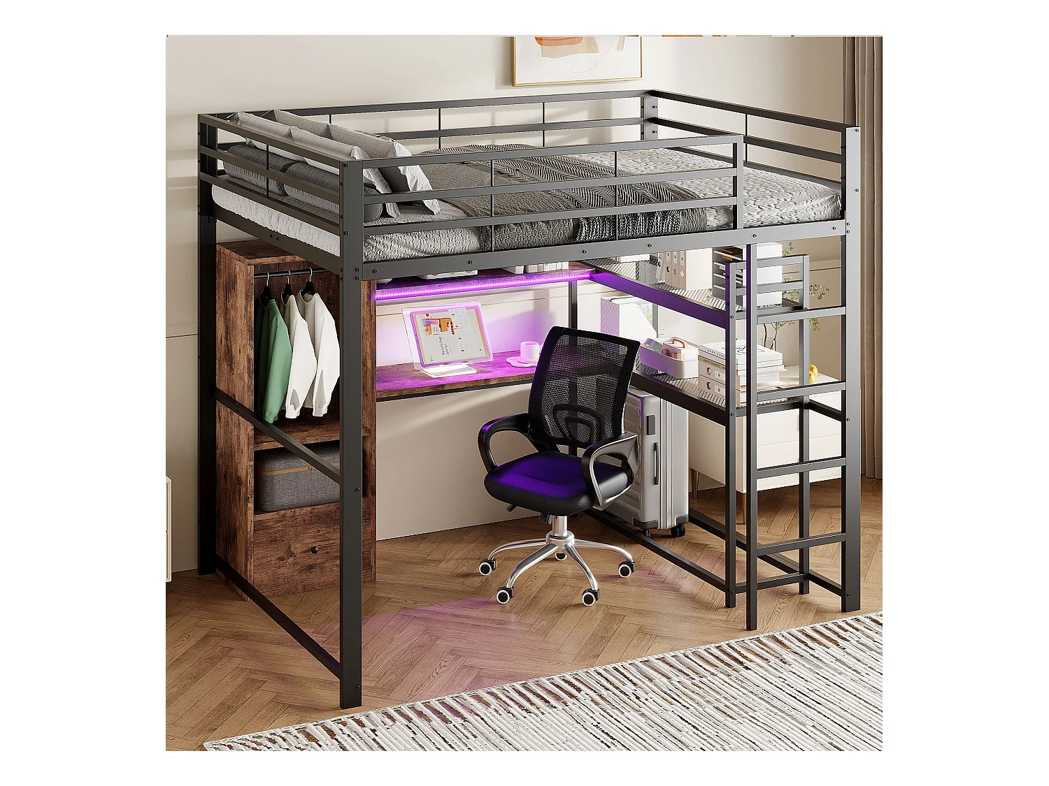 Letto a soppalco 140x200cm - con illuminazione LED - con scrivania - con 1 cassetto - con scala - nero