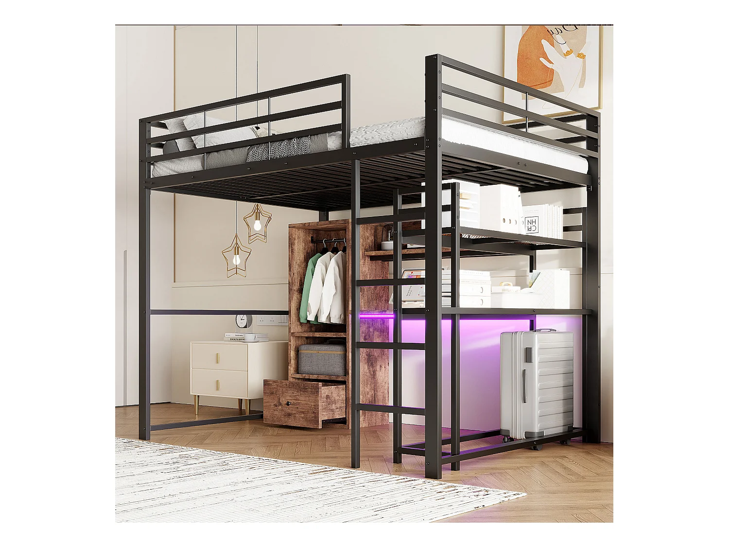 Letto a soppalco 140x200cm - con illuminazione LED - con scrivania - con 1 cassetto - con scala - nero