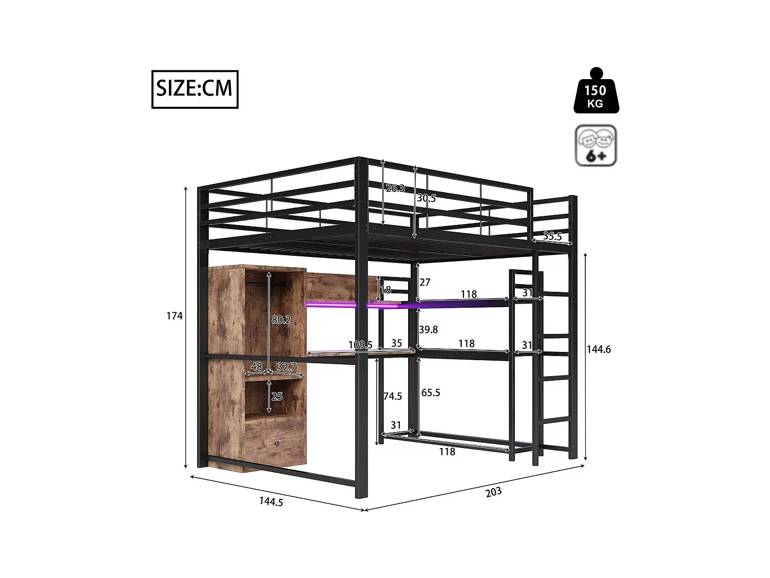 Letto a soppalco 140x200cm - con illuminazione LED - con scrivania - con 1 cassetto - con scala - nero