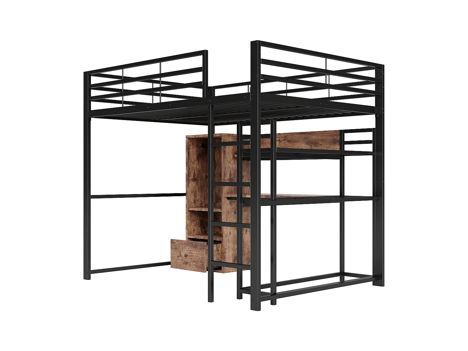 Letto a soppalco 140x200cm - con illuminazione LED - con scrivania - con 1 cassetto - con scala - nero