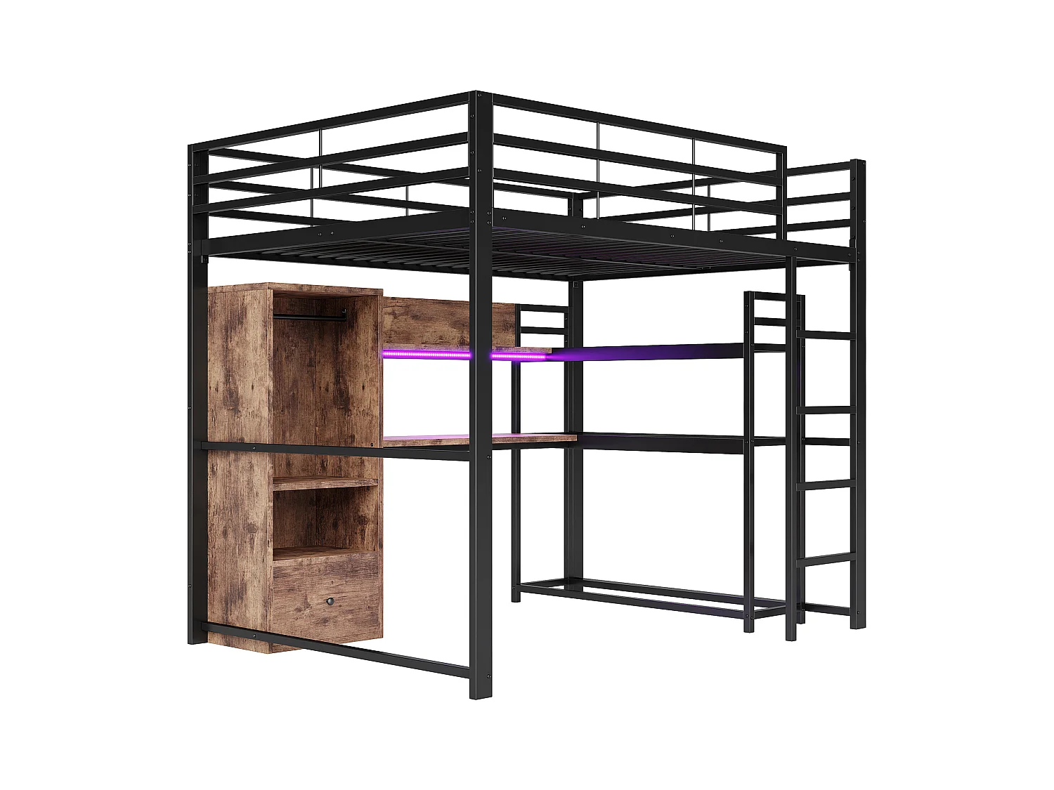 Letto a soppalco 140x200cm - con illuminazione LED - con scrivania - con 1 cassetto - con scala - nero