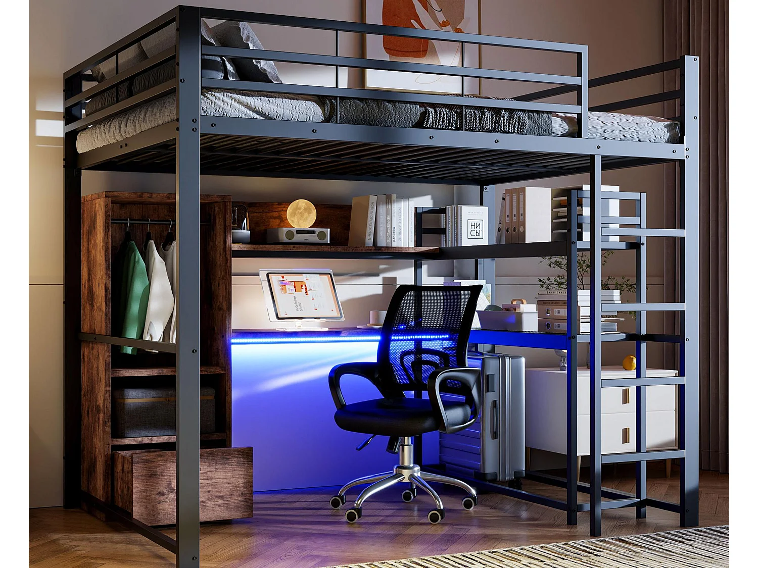 Lit mezzanine 140x200cm - avec éclairage LED - avec bureau - avec 1 tiroir - avec escalier - noir