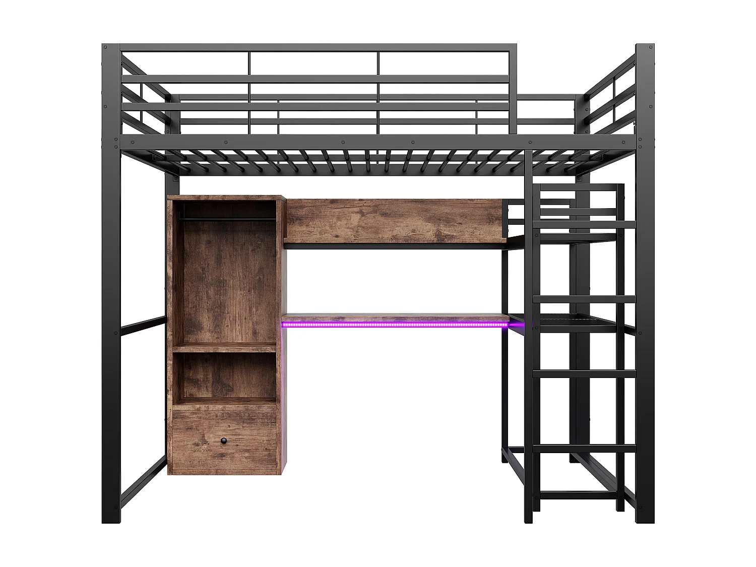 Lit mezzanine 140x200cm - avec éclairage LED - avec bureau - avec 1 tiroir - avec escalier - noir