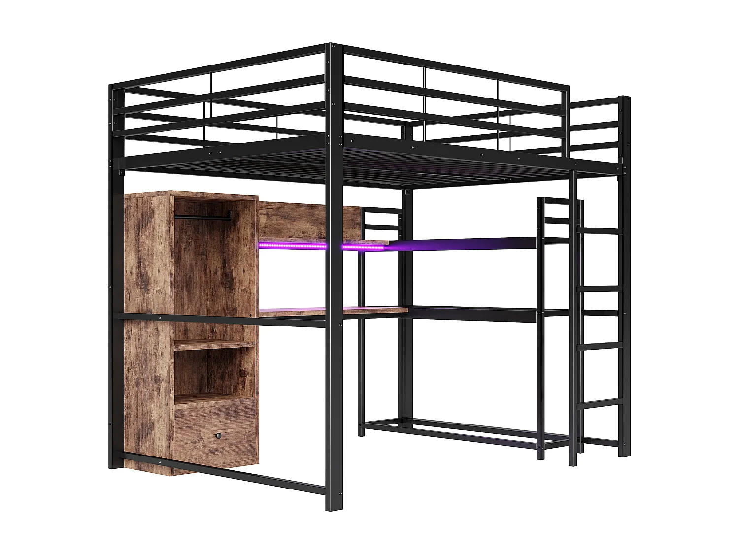 Lit mezzanine 140x200cm - avec éclairage LED - avec bureau - avec 1 tiroir - avec escalier - noir