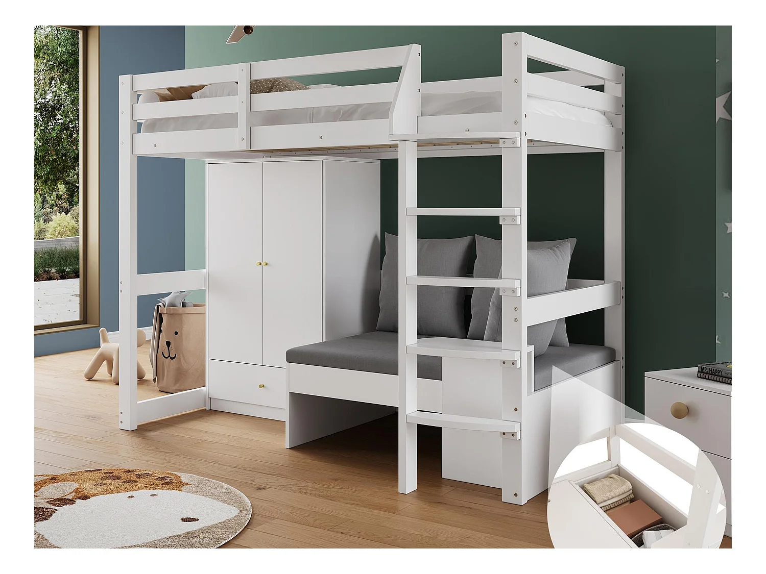 Lit mezzanine 90x200cm - avec garde-robe - canapé avec espace de rangement - trois oreillers et coussins- blanc (sans matelas)