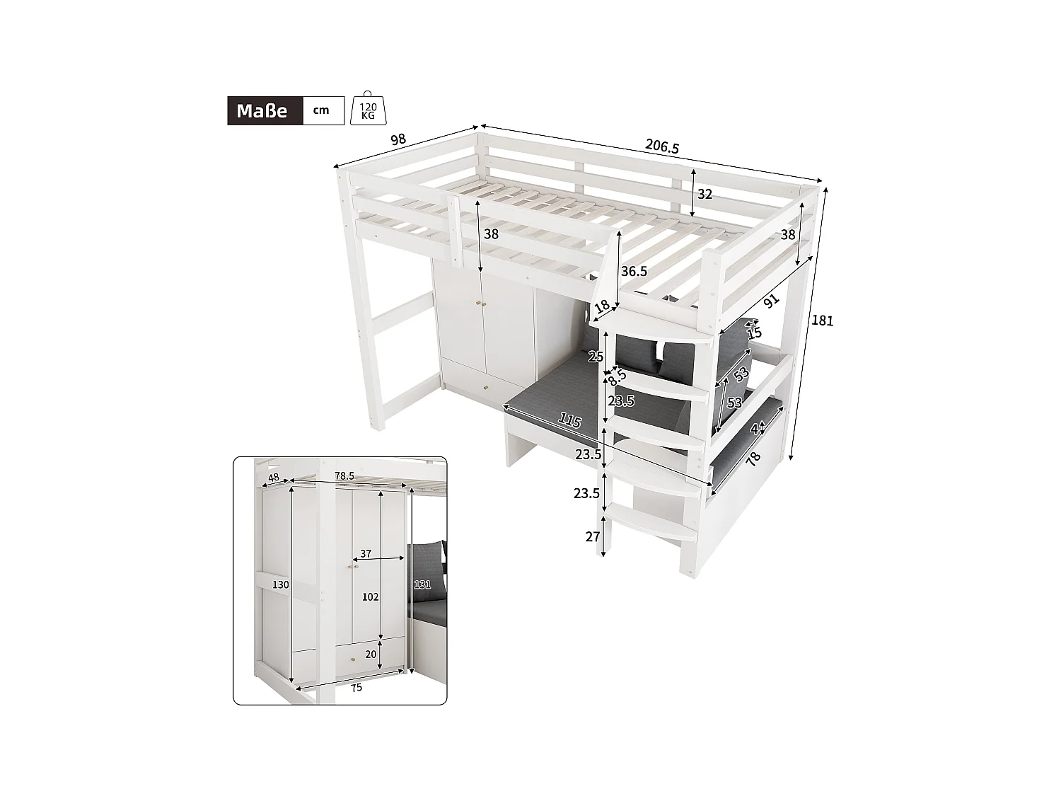 Lit mezzanine 90x200cm - avec garde-robe - canapé avec espace de rangement - trois oreillers et coussins- blanc (sans matelas)
