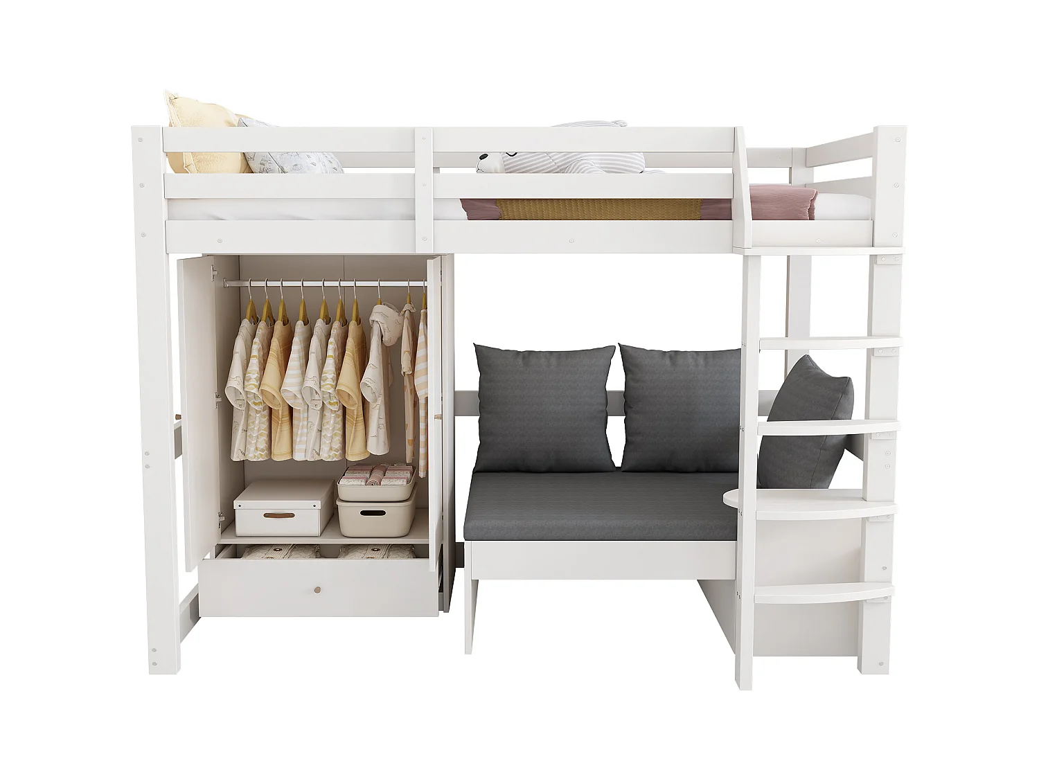 Lit mezzanine 90x200cm - avec garde-robe - canapé avec espace de rangement - trois oreillers et coussins- blanc (sans matelas)