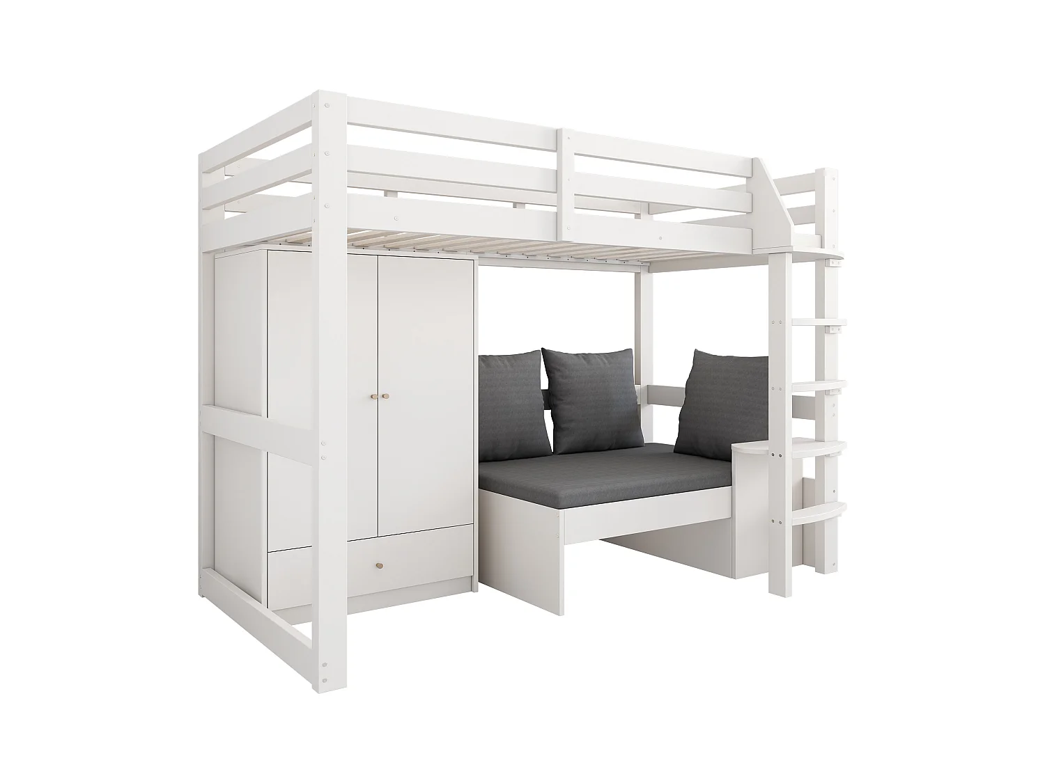 Lit mezzanine 90x200cm - avec garde-robe - canapé avec espace de rangement - trois oreillers et coussins- blanc (sans matelas)