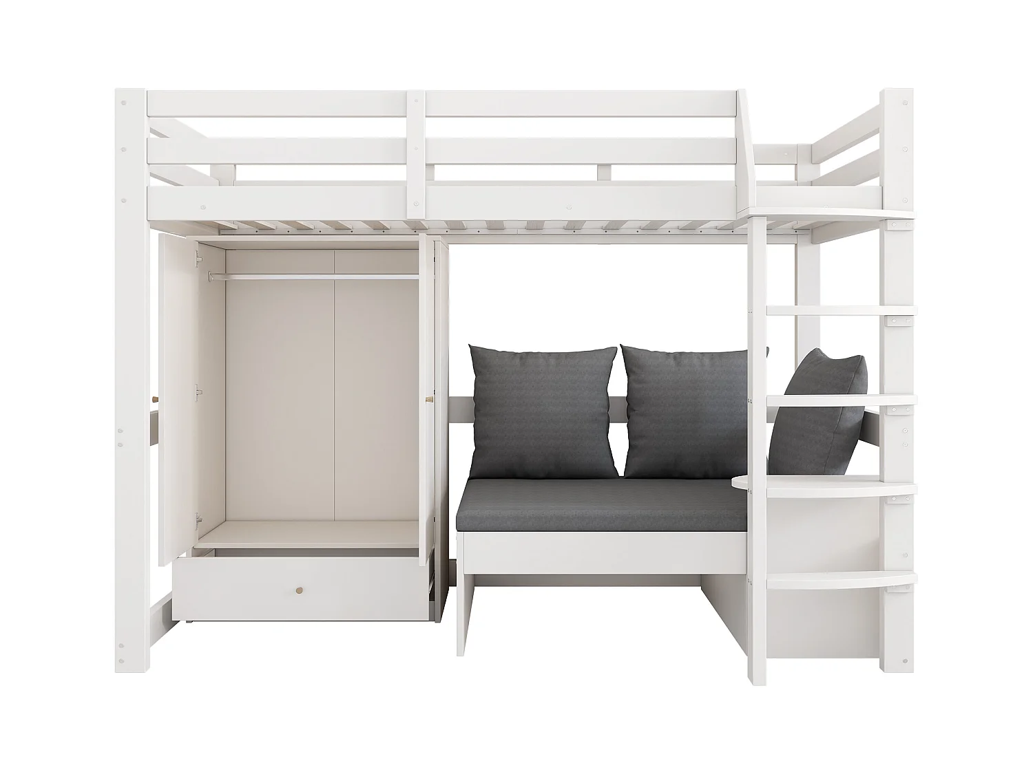 Lit mezzanine 90x200cm - avec garde-robe - canapé avec espace de rangement - trois oreillers et coussins- blanc (sans matelas)