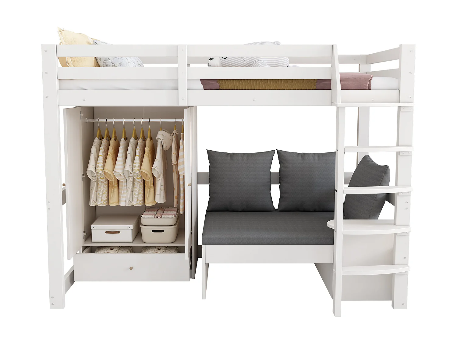 Lit mezzanine 90x200cm - avec garde-robe - canapé avec espace de rangement - trois oreillers et coussins- blanc (sans matelas)