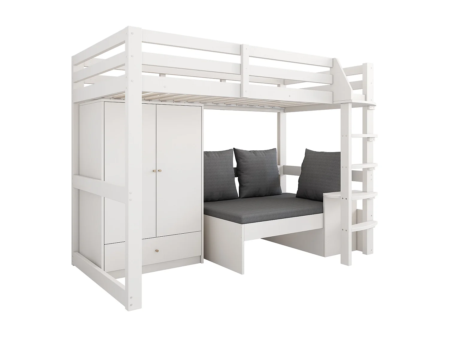 Lit mezzanine 90x200cm - avec garde-robe - canapé avec espace de rangement - trois oreillers et coussins- blanc (sans matelas)
