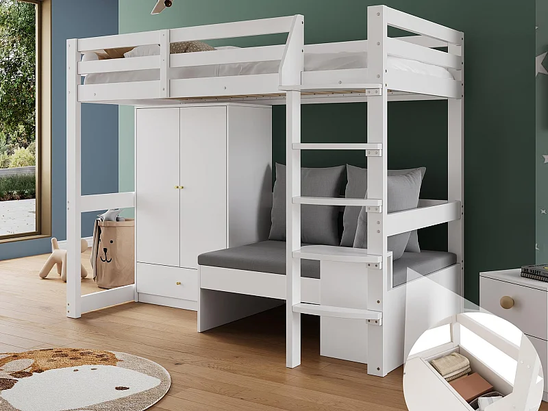 Lit mezzanine 90x200cm - avec garde-robe - canapé avec espace de rangement - trois oreillers et coussins- blanc (sans matelas)