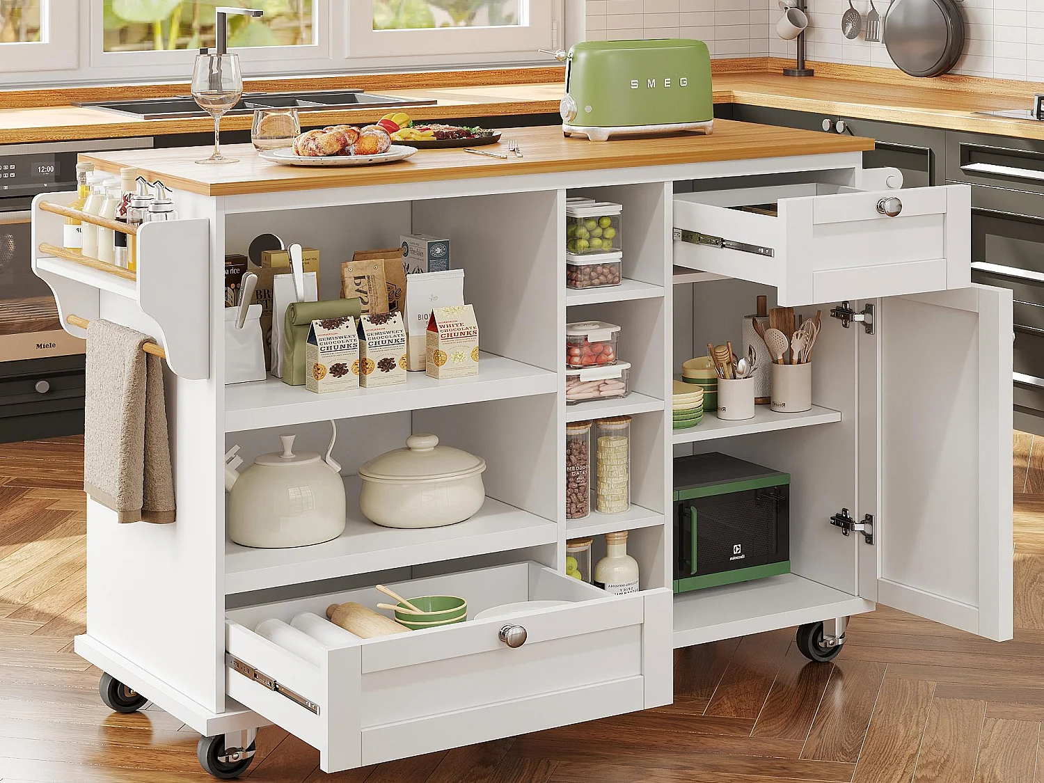 Mobile Kücheninsel - 2 Schubladen und 8 Fächer - MDF - Weiß