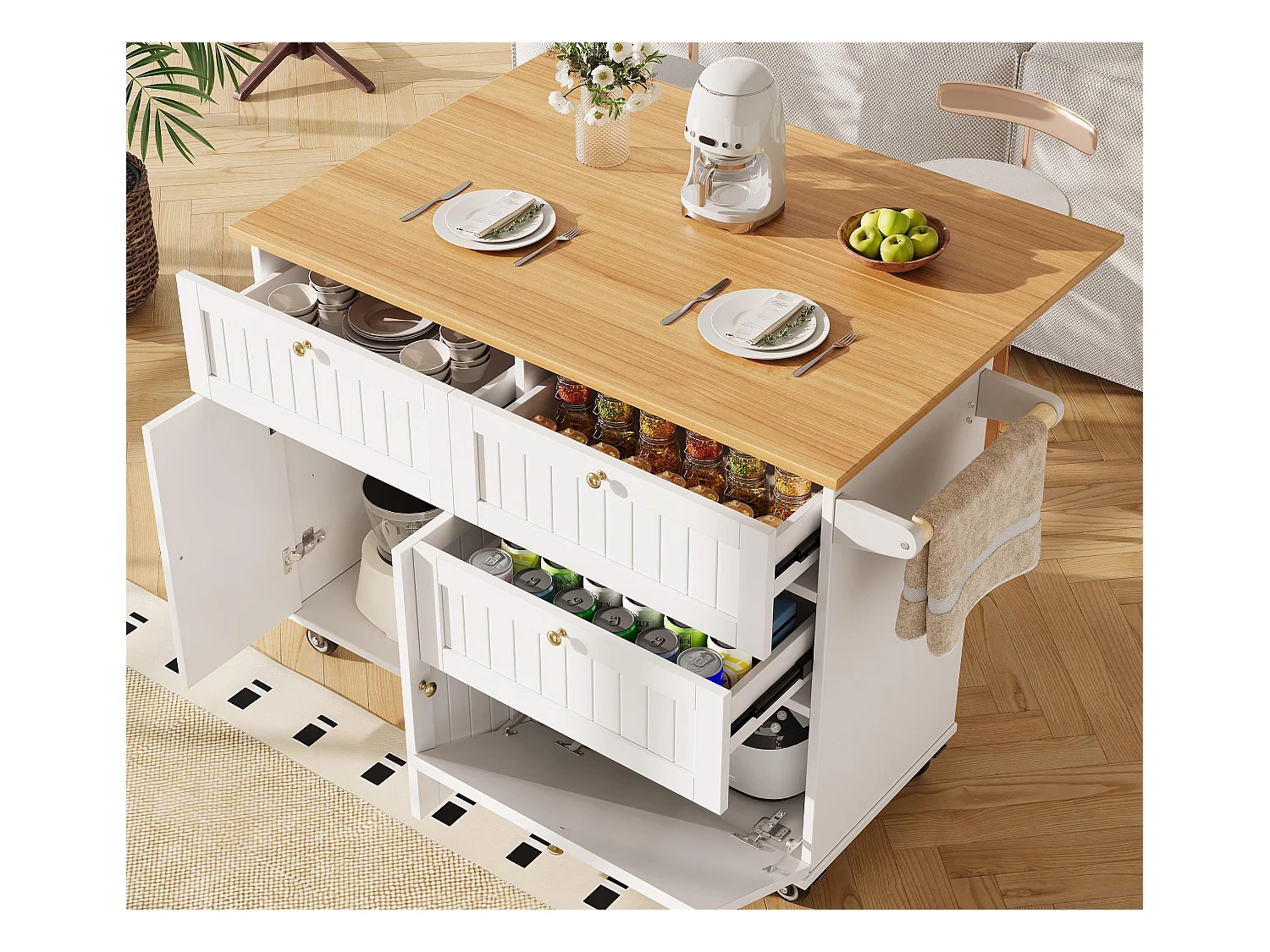 Ilot central de cuisine mobile - plateau extensible - 3 tiroirs et 2 portes - 1 porte abattante - avec porte-serviettes - MDF - blanc + naturel