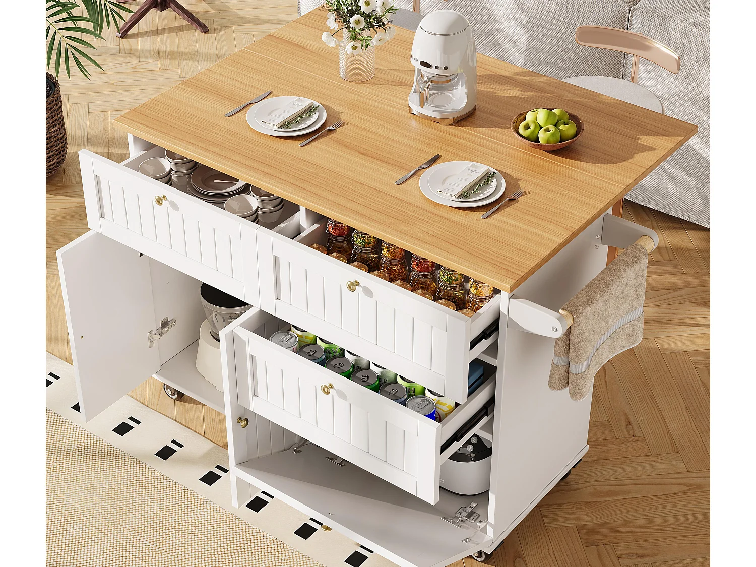 Ilot central de cuisine mobile - plateau extensible - 3 tiroirs et 2 portes - 1 porte abattante - avec porte-serviettes - MDF - blanc + naturel