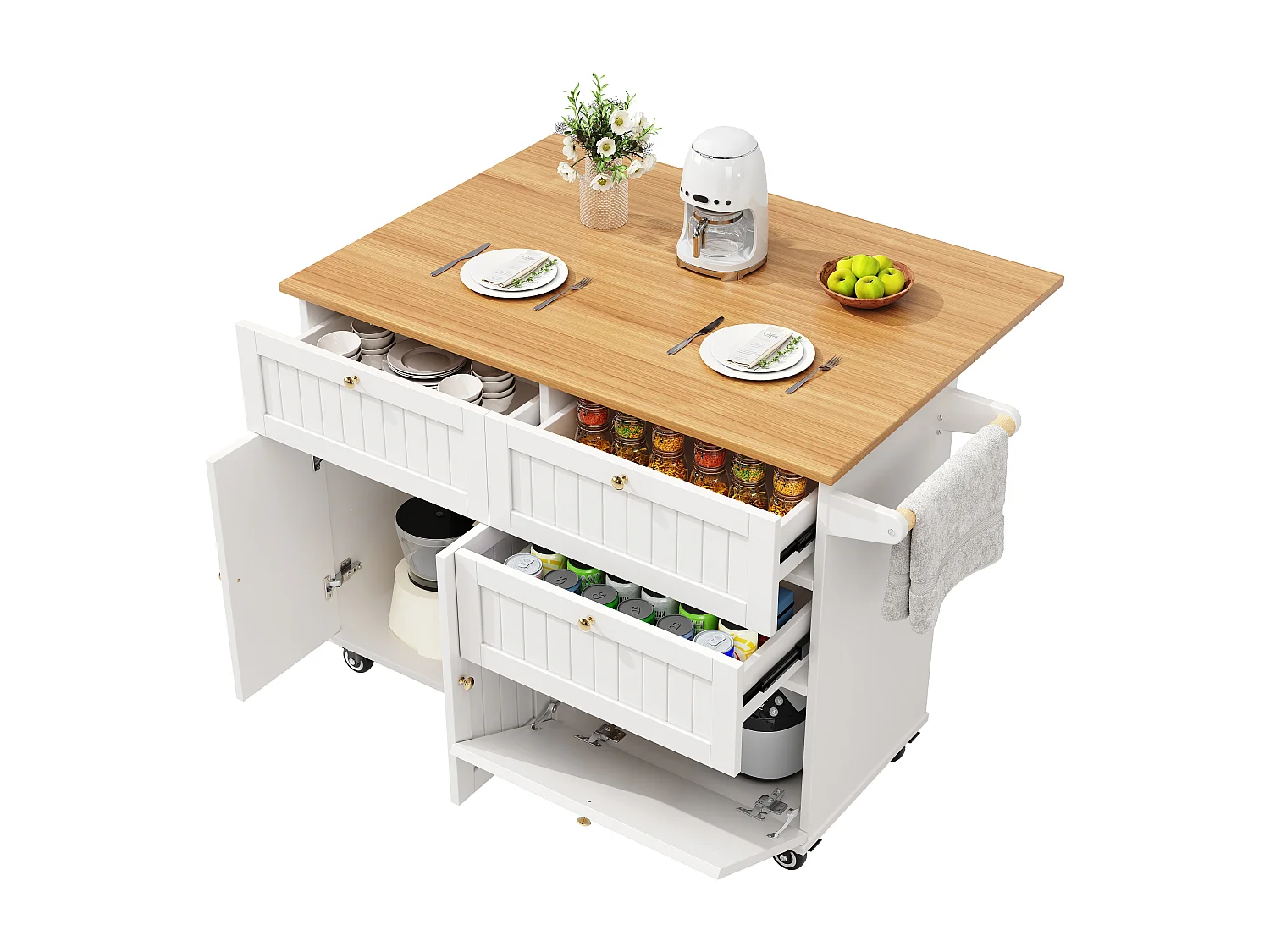 Ilot central de cuisine mobile - plateau extensible - 3 tiroirs et 2 portes - 1 porte abattante - avec porte-serviettes - MDF - blanc + naturel