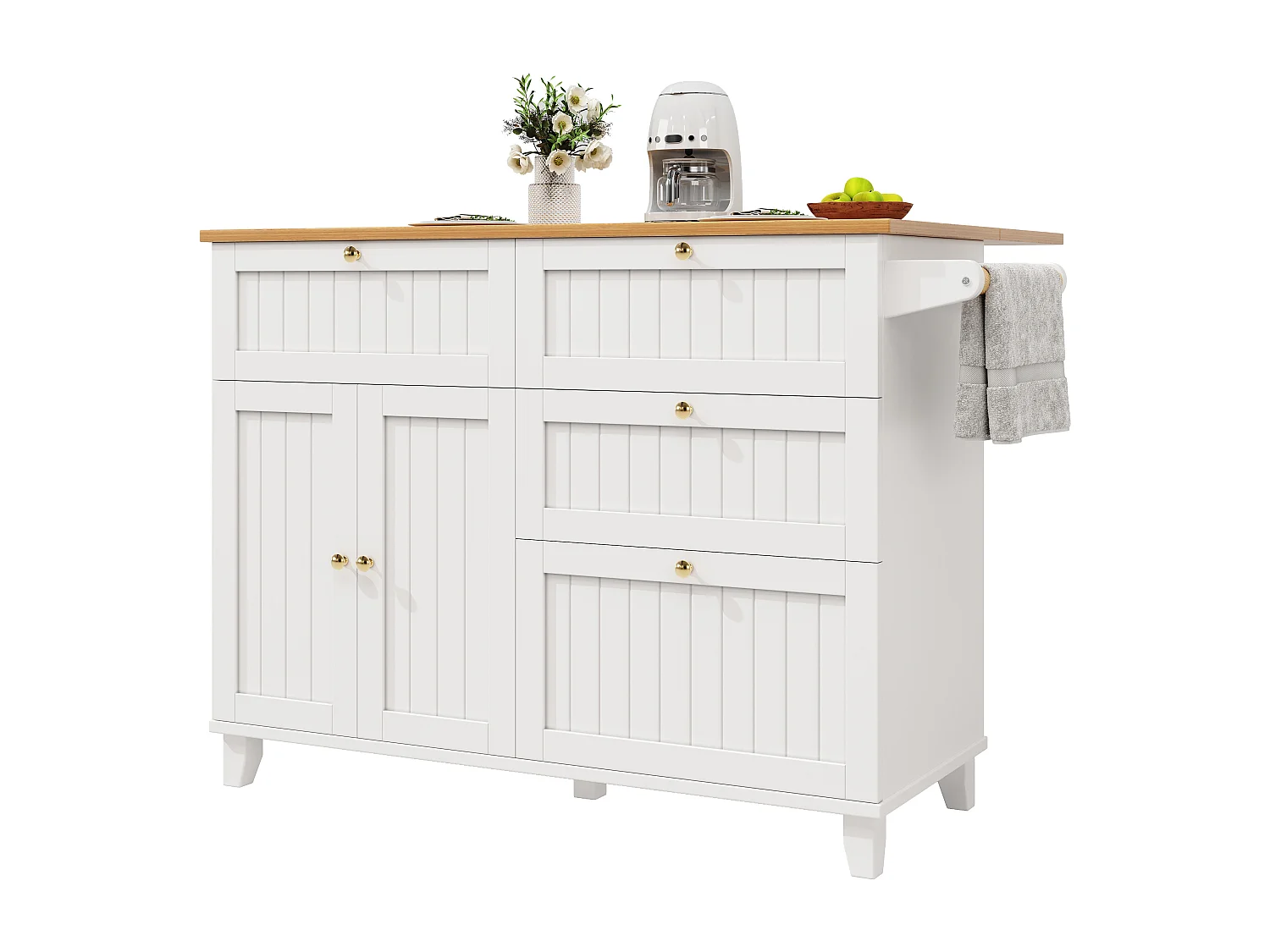 Ilot central de cuisine mobile - plateau extensible - 3 tiroirs et 2 portes - 1 porte abattante - avec porte-serviettes - MDF - blanc + naturel