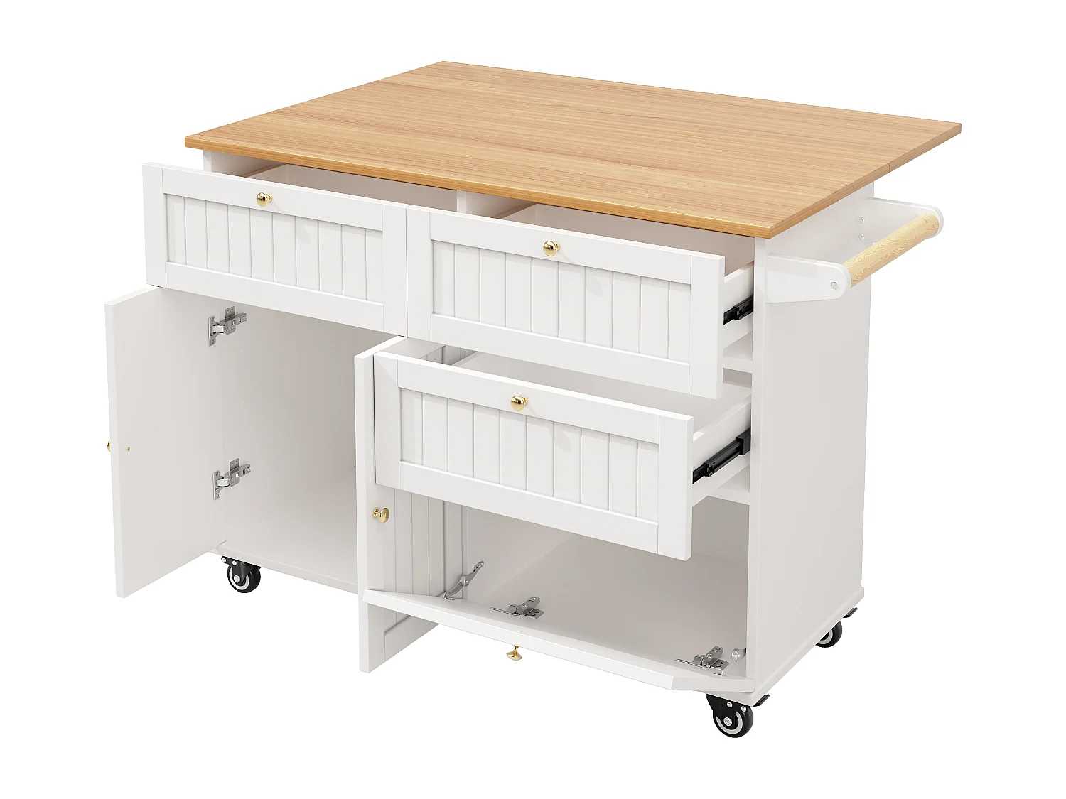 Ilot central de cuisine mobile - plateau extensible - 3 tiroirs et 2 portes - 1 porte abattante - avec porte-serviettes - MDF - blanc + naturel