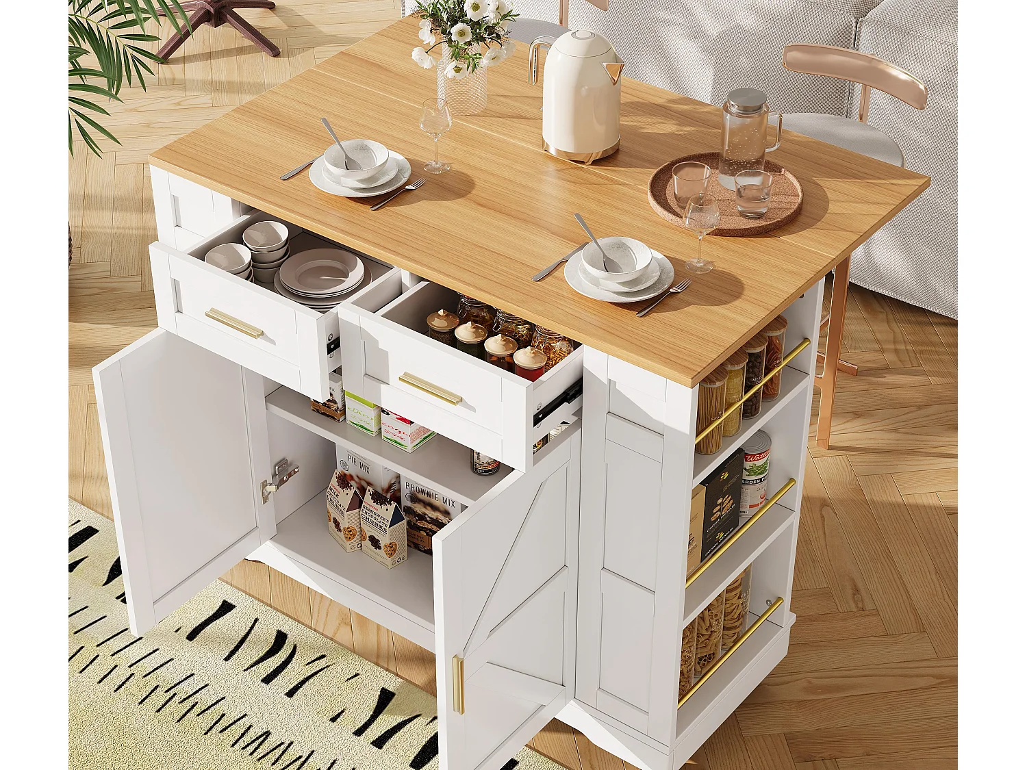 Ilot central de cuisine mobile - plateau extensible - 2 tiroirs et 2 portes - avec étagères ouvertes - MDF - blanc+ naturel