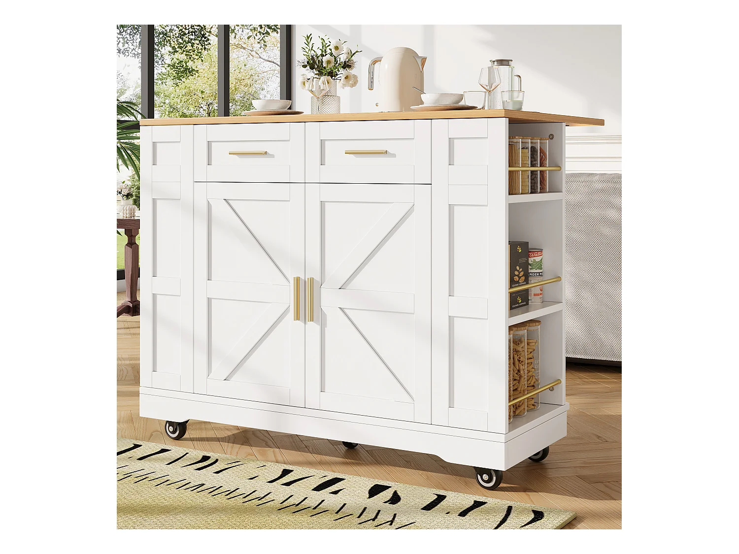 Ilot central de cuisine mobile - plateau extensible - 2 tiroirs et 2 portes - avec étagères ouvertes - MDF - blanc+ naturel