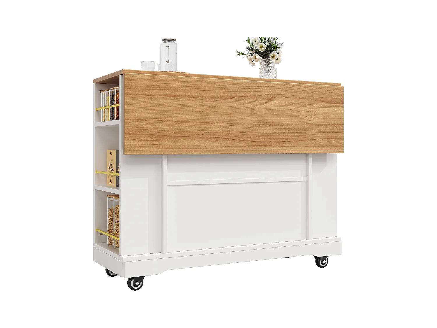 Ilot central de cuisine mobile - plateau extensible - 2 tiroirs et 2 portes - avec étagères ouvertes - MDF - blanc+ naturel