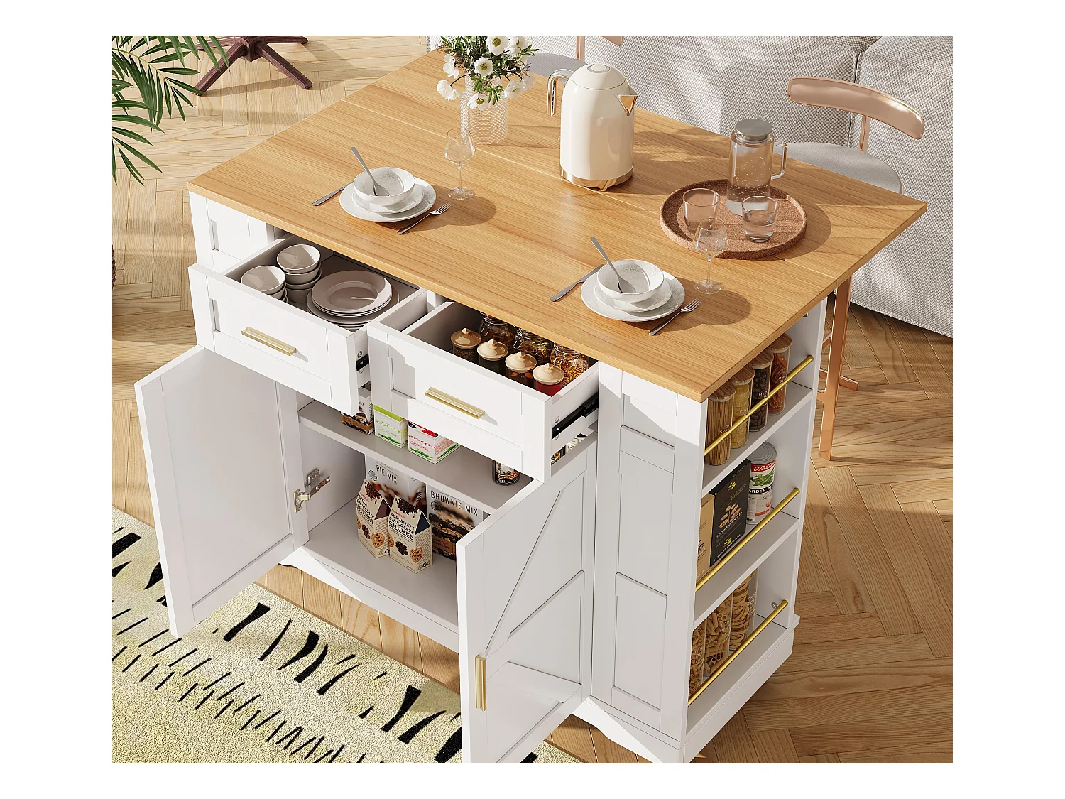 Ilot central de cuisine mobile - plateau extensible - 2 tiroirs et 2 portes - avec étagères ouvertes - MDF - blanc+ naturel