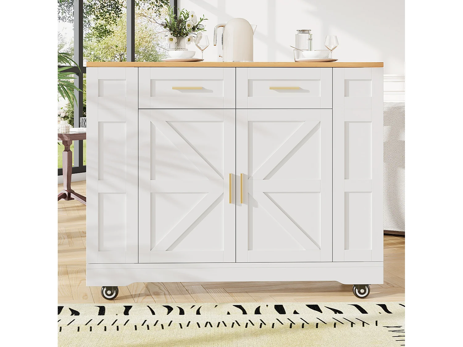 Ilot central de cuisine mobile - plateau extensible - 2 tiroirs et 2 portes - avec étagères ouvertes - MDF - blanc+ naturel