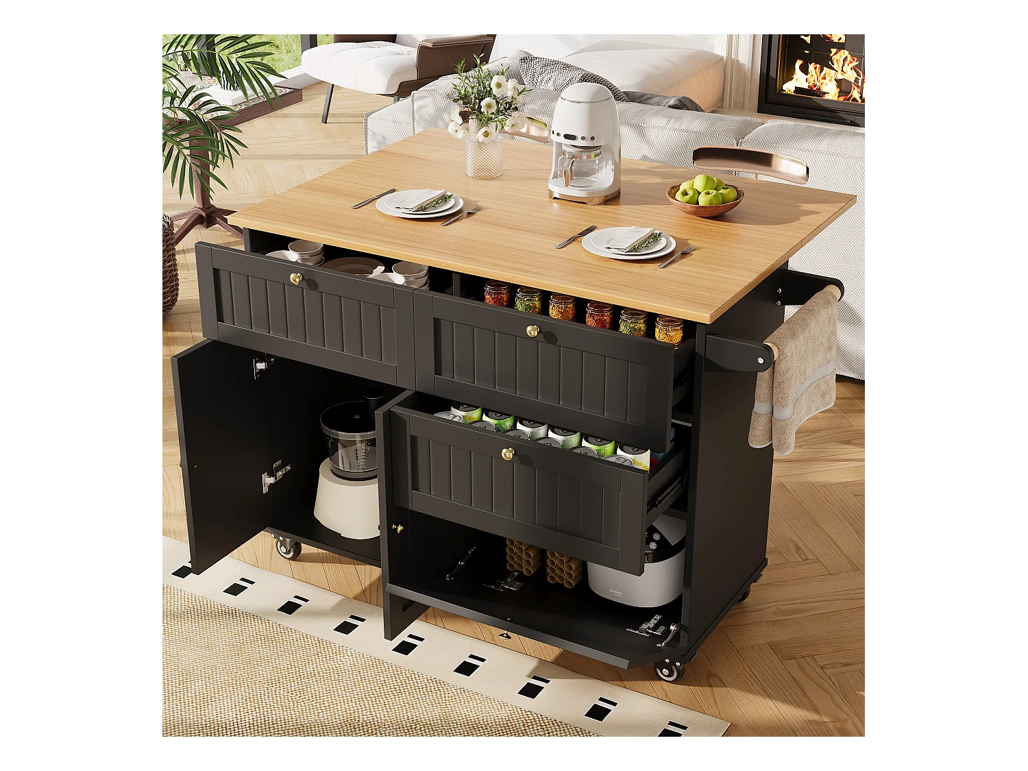 Ilha de cozinha móvel - tampo extensível - 3 gavetas e 2 portas - 1 porta basculante - com suporte para toalhas - MDF - preto + natural