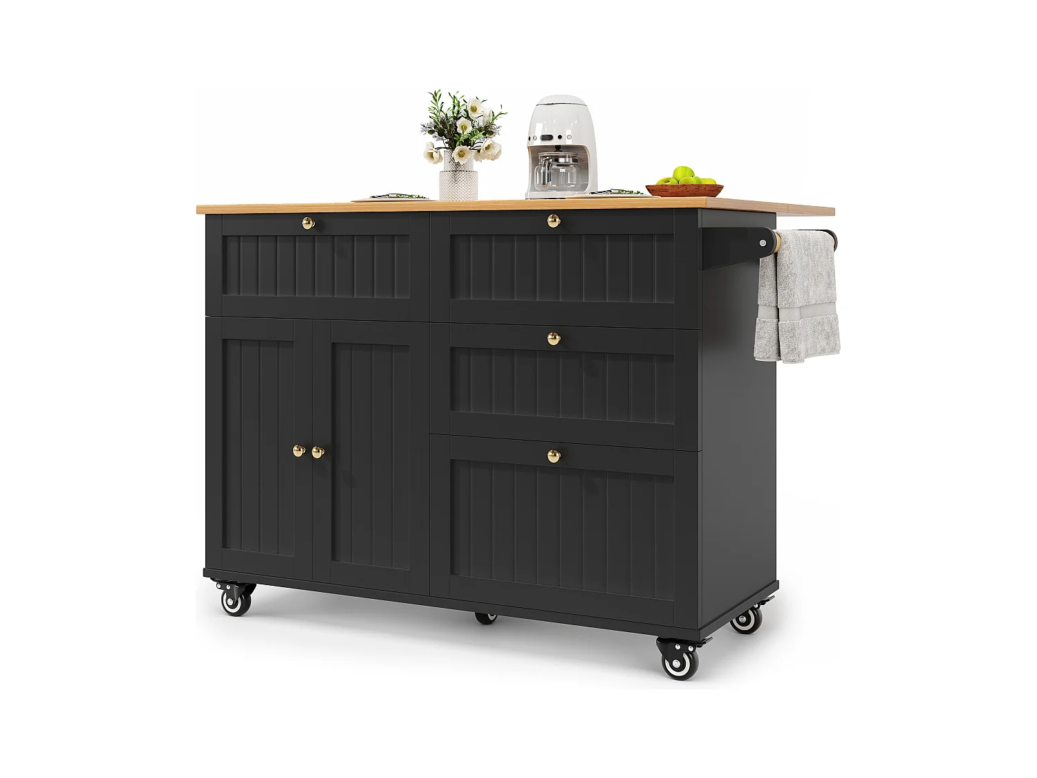 Ilha de cozinha móvel - tampo extensível - 3 gavetas e 2 portas - 1 porta basculante - com suporte para toalhas - MDF - preto + natural