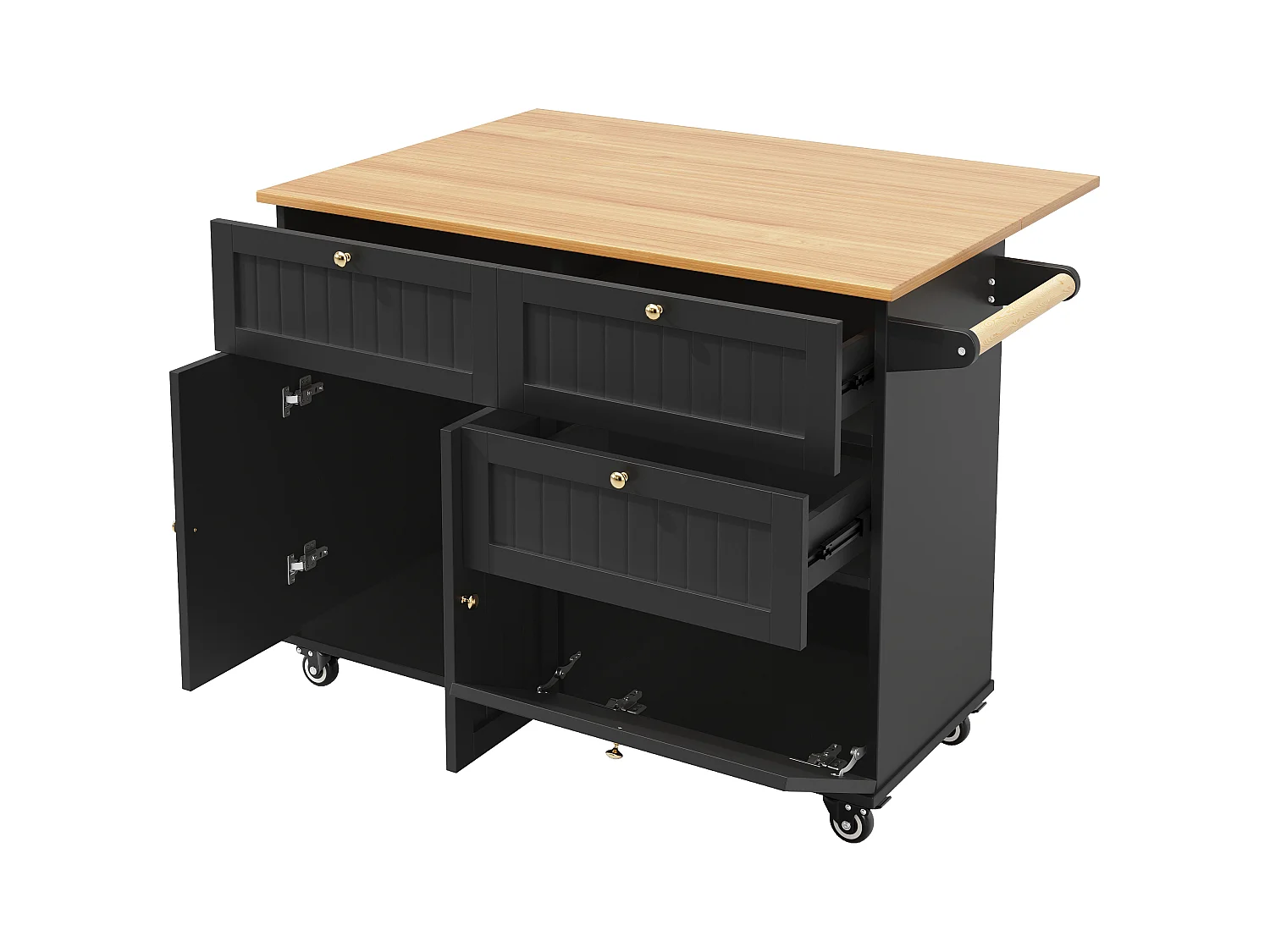 Ilha de cozinha móvel - tampo extensível - 3 gavetas e 2 portas - 1 porta basculante - com suporte para toalhas - MDF - preto + natural